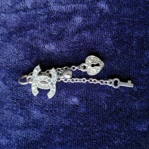 Chanel logo silver tone pendant w hanging heart lock and key